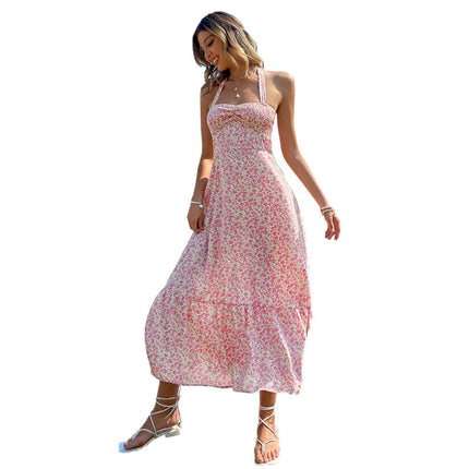 Women's Floral Halter Maxi Dresses Sexy Backless Smocked Flowy Summer Dresses