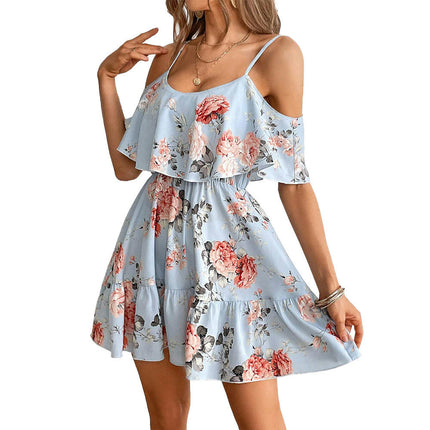 Women's Floral Print A Line Cami Dress Cold Shoulder Ruffle Trim High Waist Summer Mini Dress