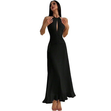 Women's Sexy Halter Neck Maxi Dress Summer Cut Out Ruched Cocktail Party Long Dresses