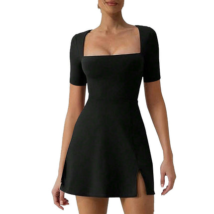 Women's Square Neck Short Sleeve Mini Dress Party Club Side Slit A Line Dresses