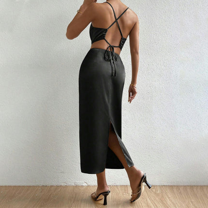 Women's Sleeveless Spaghetti Strap Satin Dress Cocktail Party Cowl Neck Back Tie Up Maxi Dresses