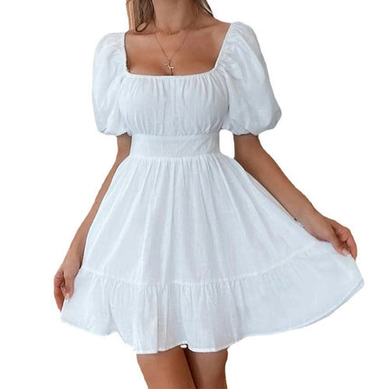 Women's Square Neck Ruffle Dress Summer Puff Short Sleeve A-line Swing Mini Dress