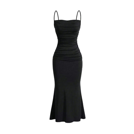 Women's Ruched Bodycon Long Dress Spaghetti Strap Sleeveless Mermaid Cocktail Party Dresses