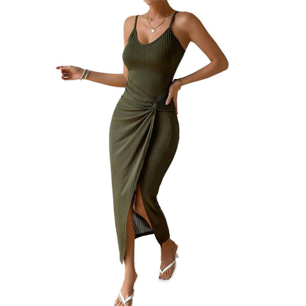 Women's Summer Spaghetti Strap Bodycon Dresses Casual Twist Front Slit Sleeveless Long Dress