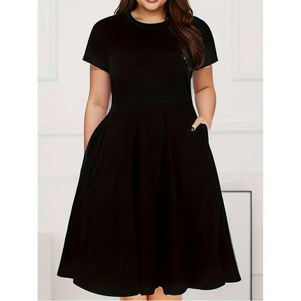 Women's Summer Plus Size Short Sleeve Midi Dress Casual Crewneck Swing A Line Dress with Pockets