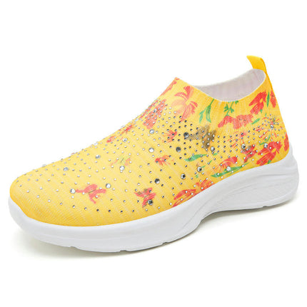 Women's Flower Rhinestone Comfortable Slip On Knitted Shoes with Arch Support Walking Shoes