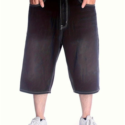 Men's Casual Denim Shorts, Hip-hop Street Dance Loose Solid Color Seven Quarter Denim Shorts