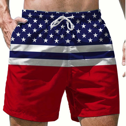Men's Star And Stripe Pattern Board Shorts, Drawstring Shorts For Summer Beach And Holiday Wear