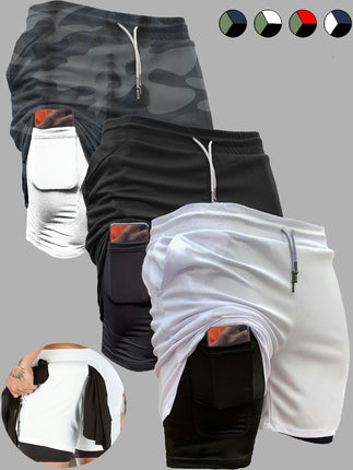 3pcs Men's 2-in-1 Double Layer Shorts With Inner Pocket, High Stretch Slim Fit Sports Shorts