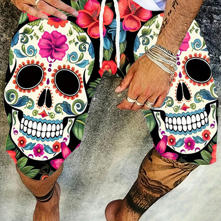 Men's Floral Skull Print Athletic Shorts, Beachwear Quick-Dry Outdoor Summer Swim Trunks