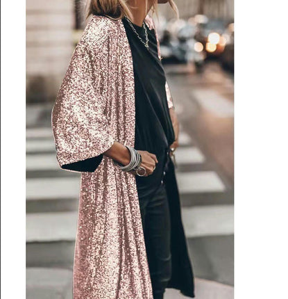 Women's Long Sleeves Full Sequins Open Front Duster Cardigan Cover-up Jacket Coat