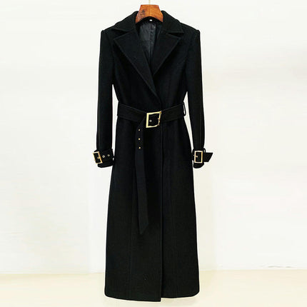 Women's Long Woolen Coat - Notched Lapel Woolen Coat with Gold Buckle Belt