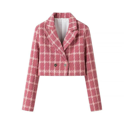 Women's Plaid Tweed Blazer Jacket Button Casual Long Sleeve Cropped Coat