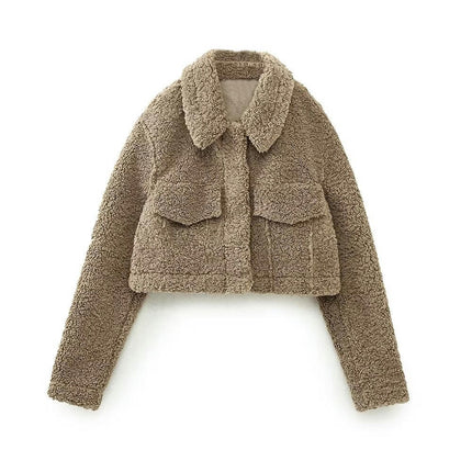 Women Fall Winter Fleece Jacket Long Sleeve Casual Button Fuzzy Sherpa Cropped Coats Outerwear
