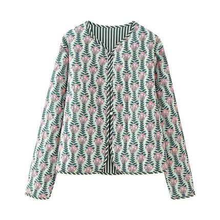 Women's Floral Print Lightweight Jacket Button Down Quilted Coat Puffer Cardigan Outerwear