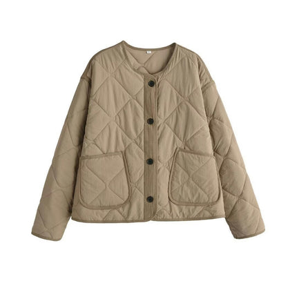 Womens Cropped Puffer Jackets Quilted Lightweight Collarless Button Down Warm Winter Coats with Pockets