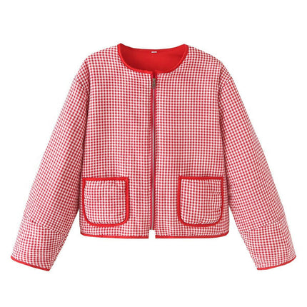 Womens Cropped Jacket Lightweight Plaid Print Coat Padded Coats Fall Winter Outwear