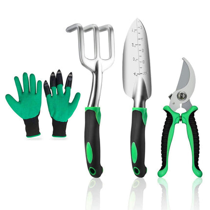 4 Pcs Garden Tool Set Includes Transplanter, Hand Rake, Gardening Gloves and Pruning Shears