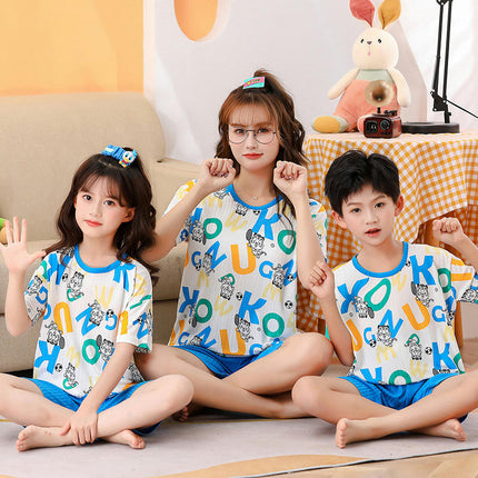 Pajamas Imitation Ice Silk Summer Boys and Girls Short Sleeve Set Family Wear Home Clothes