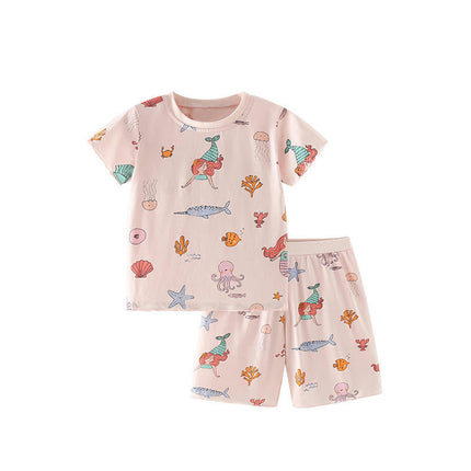 Girls Cotton Pajama Set - Summer Short Sleeve Shorts Casual Home Clothes 2-piece Set