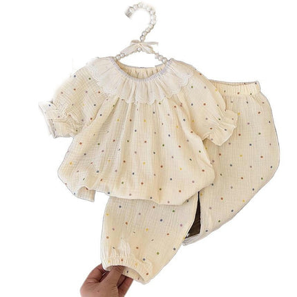 Baby Girl Pajama Set Cute Lace Polka Dot Floral Short Sleeve Long Pants Pajamas 2-piece Set