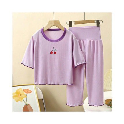 Girls Summer Pajama Set-Short Sleeve High Waist Cropped Pants Home Clothes 2-Piece Set