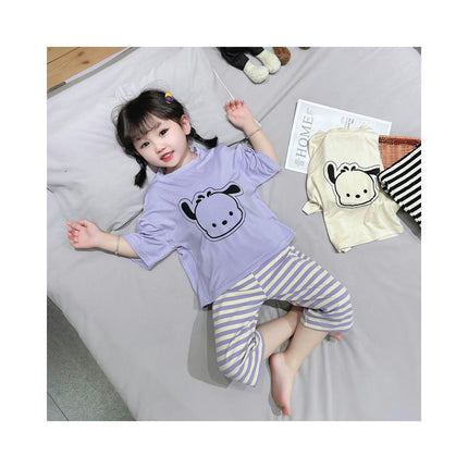 Girls Pajamas 2-piece Set - Summer Cartoon Short-sleeved Striped Pants Home Clothes Set