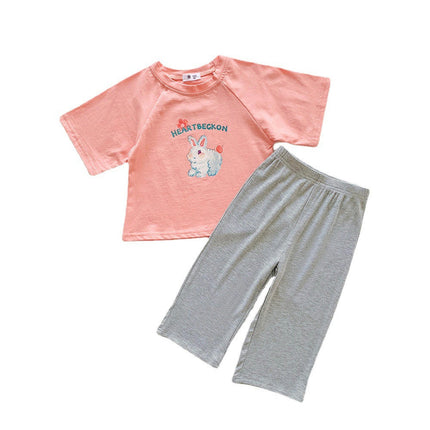 Summer Children's Short Sleeve Suit - Boys and Girls Baby Cotton Printed T-shirt Wide Leg Pants Suit