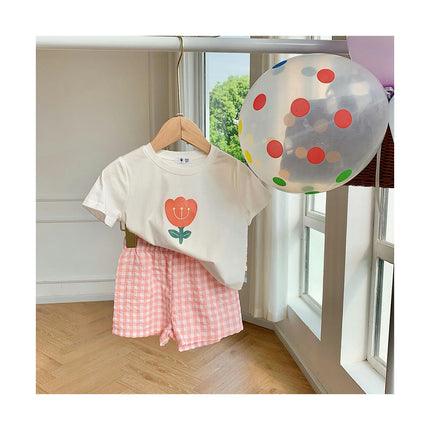 Summer Children's Short Sleeve Suit-Boy and Girl Baby Cotton Shorts Plaid Suit