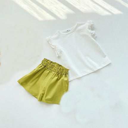 Girls Summer Ruffle Sleeve Short-Sleeved T-Shirt with Flower Waist Shorts 2-Piece Set