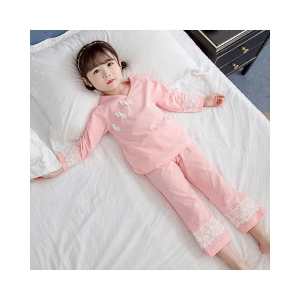 Girls Pajama Set Solid Color Simple Ethnic Style Button Casual Home Clothes