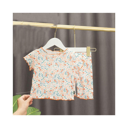 Girls Imitation Ice Silk Printed Short Sleeve Pajamas Set Toddler Baby Bottom Clothes 2-piece Set