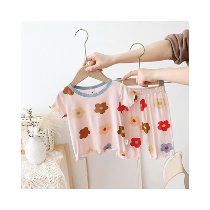 Girls Imitation Ice Silk Pajamas Short Sleeve Set Small Children Baby House Clothes 2-piece Set
