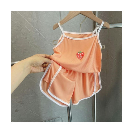 Girls Imitation Ice Silk Suspender Suit Strawberry Vest Shorts Home Clothes 2-piece Set