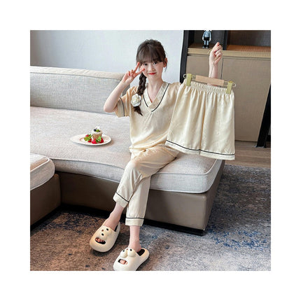 Girls Summer Pajamas 3-piece Set - Medium and Large Children's Imitation Ice Silk Home Clothes Set