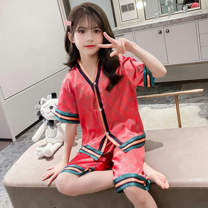 Children's Pajamas 2-piece Set - Button Short Sleeve Top Shorts Air Conditioning Suit