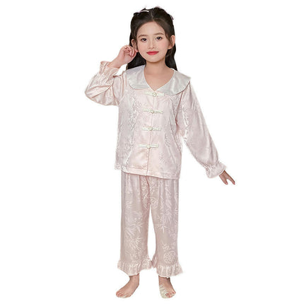 Girls' Pajamas Thin Set - Medium and Large Children's Simulation Silk Long Sleeve Home Clothes
