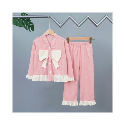 Girls' 2-Piece Home Wear Set - Loose Long-Sleeved Button-Down Trousers and Pajama Set