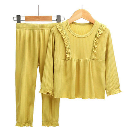 Girls' Soft and Comfortable Imitation Ice Silk Round Neck Wrinkles Pajamas 2 -Piece Set