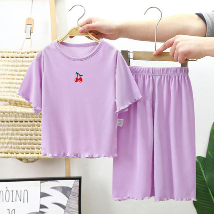 Girls Imitation Ice Silk Pajamas 2-piece Set-Short-sleeved House Clothes for Small and Medium-sized Children