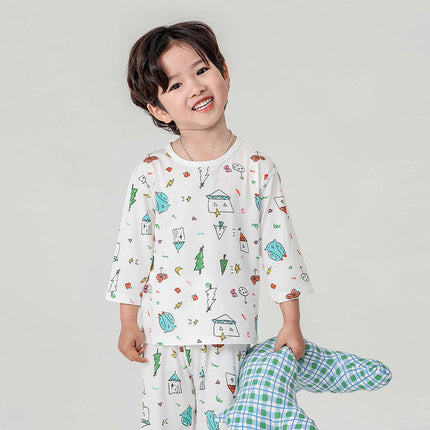 Children's Home Clothes Letter Plaid Air Conditioning Clothes 3/4 Sleeve Children's Pajamas Set