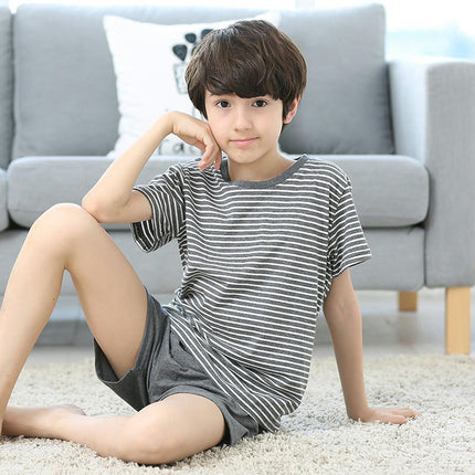 Boys' Pajamas and Home Clothes Set - Striped Short-sleeved Shorts Set for Small and Medium-sized Children
