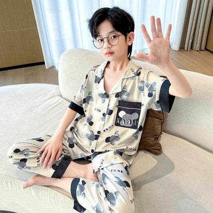 Boys Imitation Ice Silk Pajamas 2-piece Set - Summer Short Sleeve Long Pants Air Conditioning Suit
