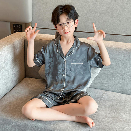Children's Imitation Ice Silk Pajamas 2-piece Set - Summer Boys Short Sleeve Shorts Set