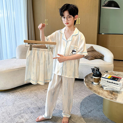 Boys' Pajamas 3-piece Set - Imitation Ice Silk Short-sleeved Shorts and Long Pants Home Clothes Set