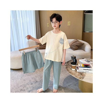 Boys' Pajamas 3-piece Set - 100% Cotton Short-sleeved T-shirt Shorts Pants Home Clothes Set