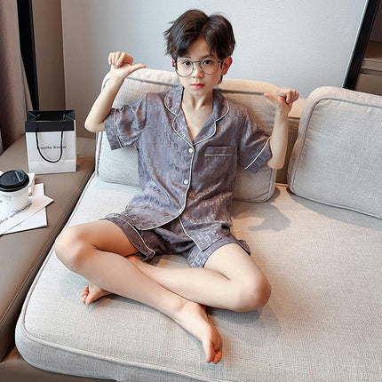 Boys Summer Pajamas 2-piece Set Imitation Ice Silk Button Top Shorts Home Clothes Set