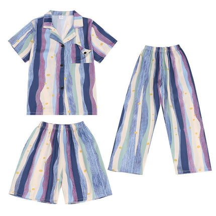 Boys' Color Stripe Pajamas 3-piece Set Imitation Ice Snow Silk Short Sleeve Shorts and Long Pants Set