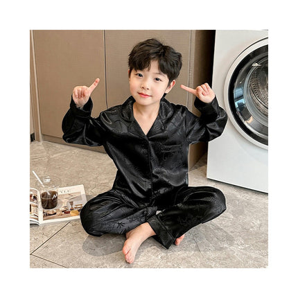 Middle and Large Children's Pajamas Set, Imitation Silky Pjs Set Boy 2Pcs Button-Down Long Sleeves Nightwear