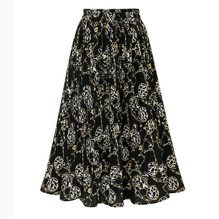 Women's Boho Floral Print Elastic High Waist Pleated A Line Midi Skirt